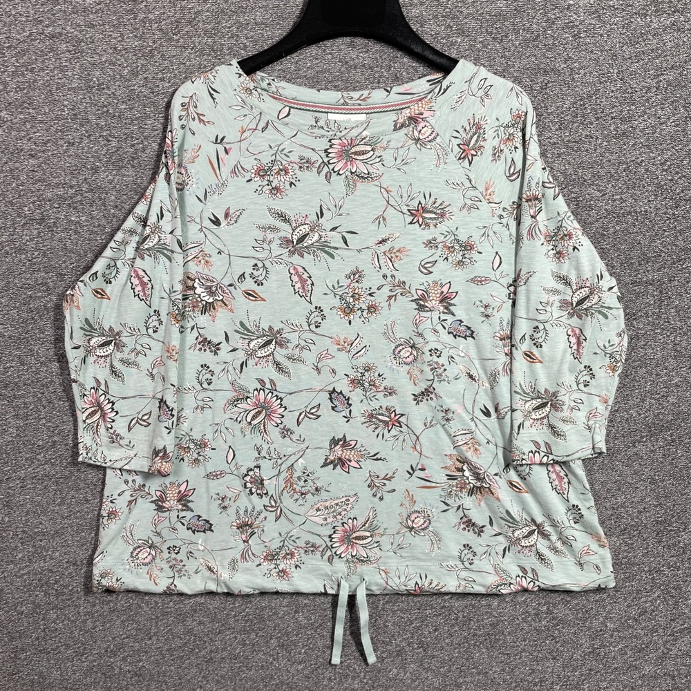 J. Jill Top Sage Green Floral Slub Knit Drawstring Hem 3/4 Sleeve Women M
